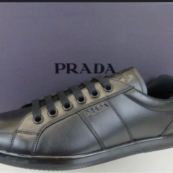 Prada Mens Black Leather Lace Up Logo Low Top Sz 11 - Picture 1 of 8